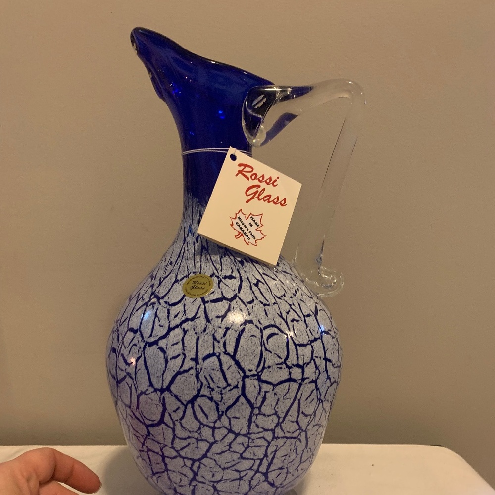 Rossi Blown GlassWater Pitcher Wine Decanter Cobalt Blue with White Crackle